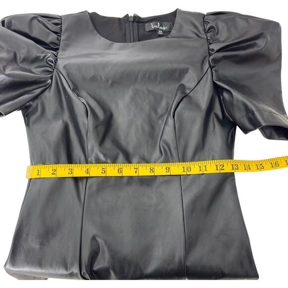 Lulu's Black Vegan Leather Puff Sleeve Fit and Flare Mini Dress (XS) - Picture 13 of 15